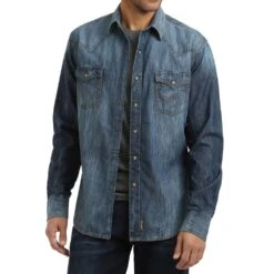 Wrangler Mens Retro Premium Blue Denim Long Sleeve Snap Shirt