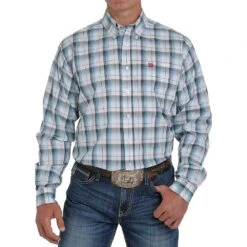 Cinch Men's Stretch Blue, Red, Brown And White Plaid Shirt