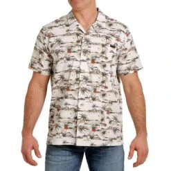 Cinch Men's Camp Aloha Cream Hawaiin Print Short Sleeve Buttondown