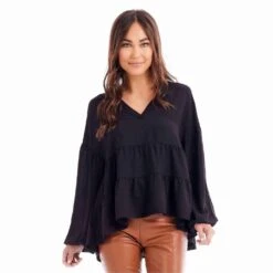 Mud Pie Women's Black Orleans Flounce Top