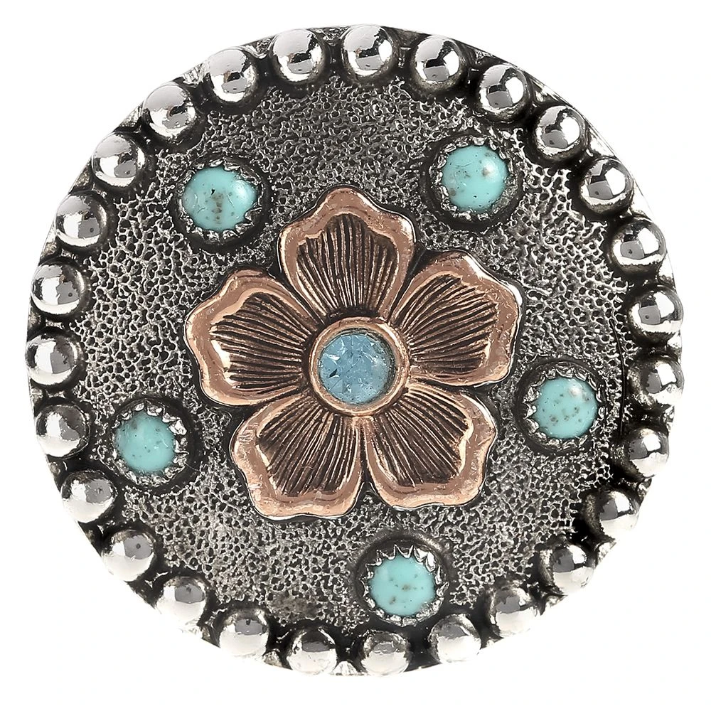 Augus Silversmiths Llc Copper Flower With Turquoise Stone And Crystal 1 1/2 Inch Concho 3 Augus Silversmiths Llc Copper Flower With Turquoise Stone And Crystal 1 1/2 Inch Concho