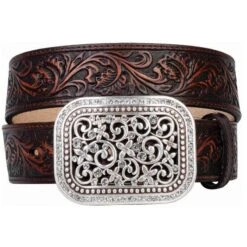 Women's Ariat® Rhinestone Filigree Brown Tooled Belt