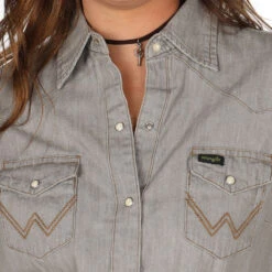 Wrangler Womens Grey Denim Shirt With Snaps -HORSE TACK Store LW3961D 1